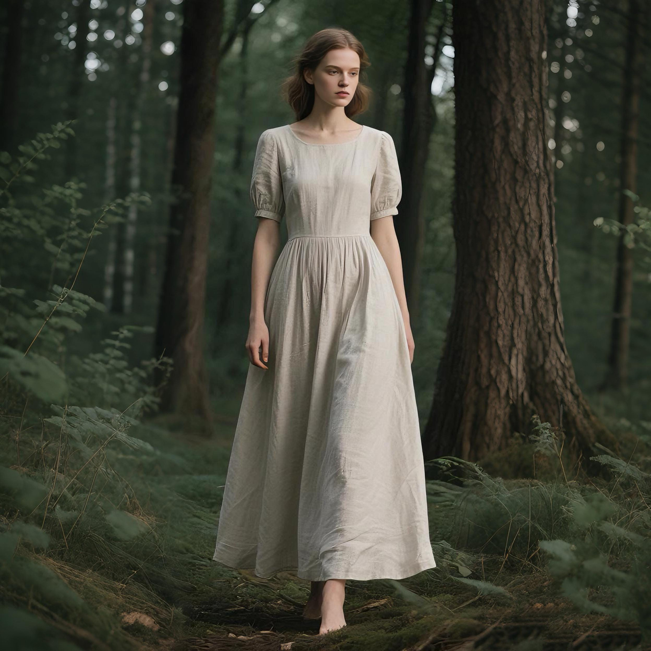 Linen Puff Sleeve Dress for Women Romantic Cottagecore Maxi Dress with Pockets Handmade Linen Dress Forest Dress Custom Fit Summer Dress
