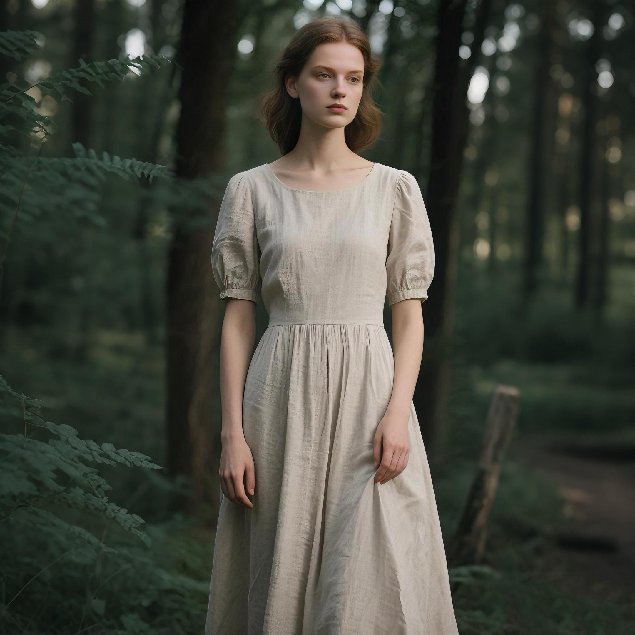 Linen Puff Sleeve Dress for Women Romantic Cottagecore Maxi Dress with Pockets Handmade Linen Dress Forest Dress Custom Fit Summer Dress