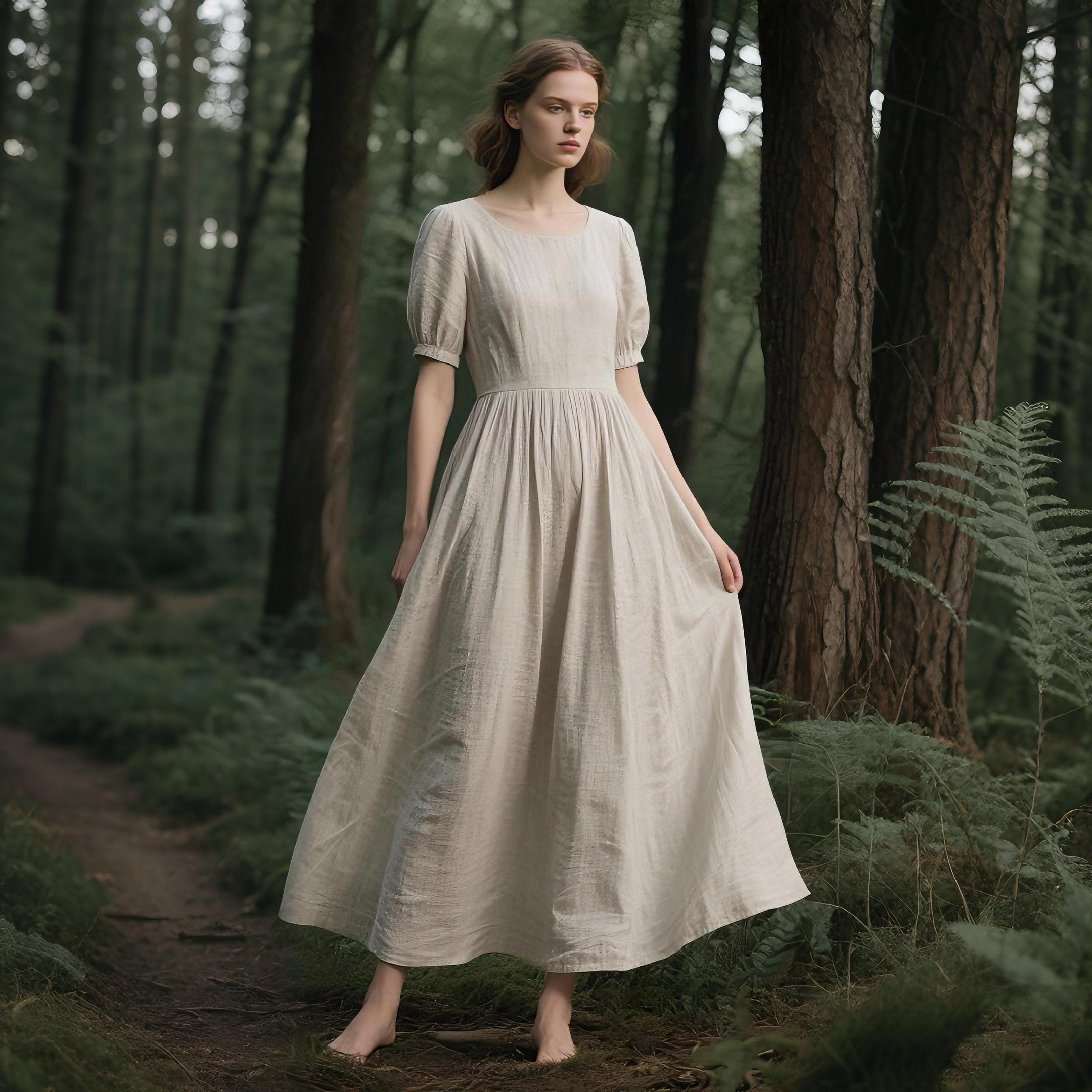 Linen Puff Sleeve Dress for Women Romantic Cottagecore Maxi Dress with Pockets Handmade Linen Dress Forest Dress Custom Fit Summer Dress