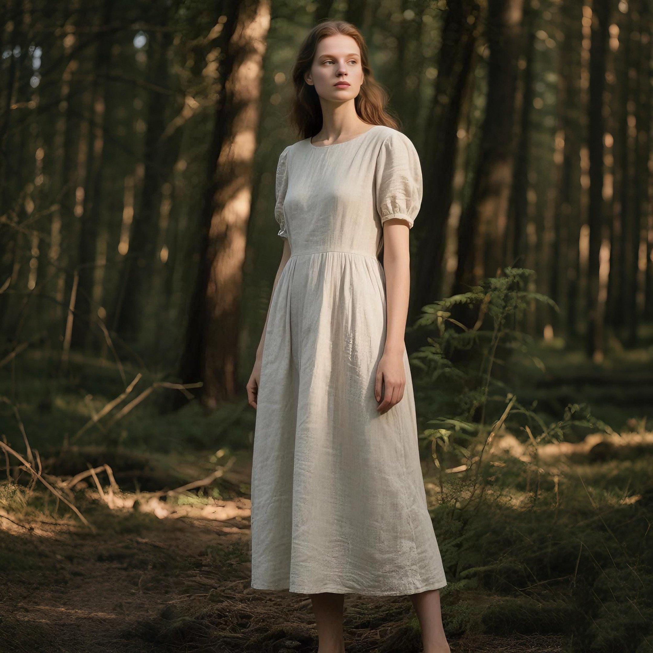 Romantic Linen Midi Dress with Short Puff Sleeves Cottagecore Dress for Women Custom Dress Summer Dress with Pockets Soft Linen Clothing